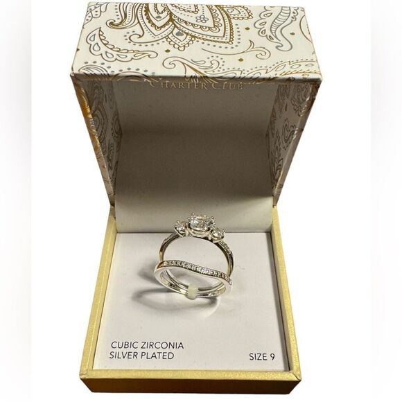 NWT Charter Club Silver-Tone CZEngagement Ring & Wedding Band Bridal Set size 9 - Picture 2 of 4
